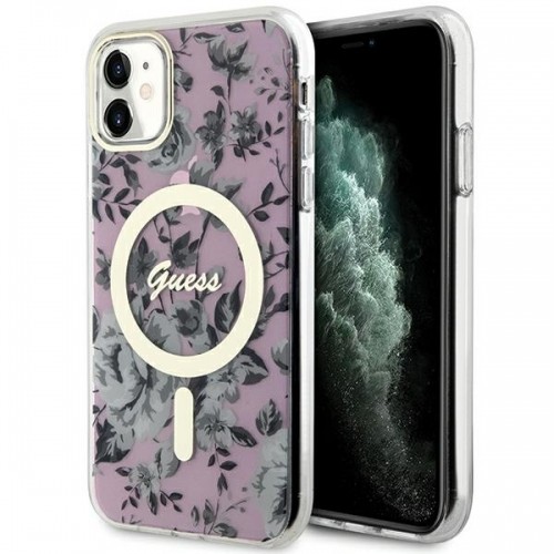 Guess PC|TPU Flowers IML MagSafe Compatible Case for iPhone 11 Pink image 1