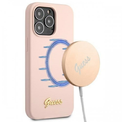 Guess GUHMP13XLSLMGLP iPhone 13 Pro Max 6,7" jasnoróżowy|light pink hardcase Silicone Script Gold Logo Magsafe image 1