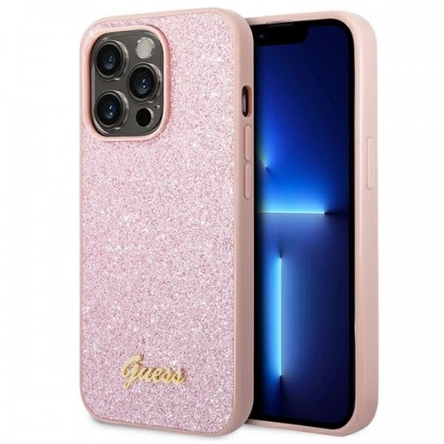 Guess PC|TPU Glitter Flakes Metal Logo Case for iPhone 14 Pro Pink image 1