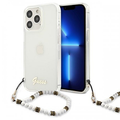 GUHCP13LKPSWH Guess PC Script and White Pearls Case for iPhone 13 Pro Transparent image 1