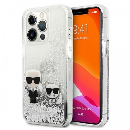 KLHCP13XGKCS Karl Lagerfeld Liquid Glitter Karl and Choupette Case for iPhone 13 Pro Max Silver image 1