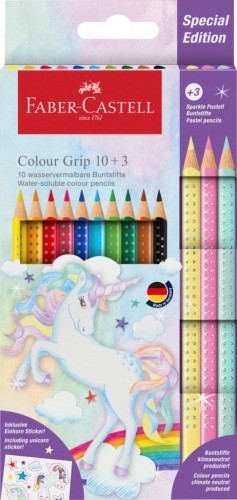 Trīsstūrveida akvareļu zīmuļi Faber-Castell Colour Grip Unicorn 10+3 krāsas image 1