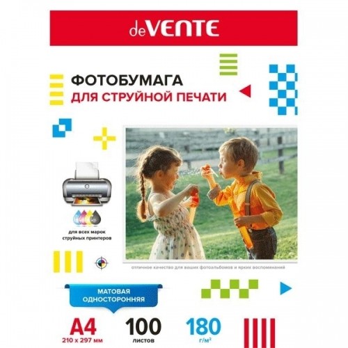 Фотобумага для струйной печати "deVENTE" A4, 100 л, 180 г/м², матовая односторонняя, в пластиковом пакете с европодвесом image 1