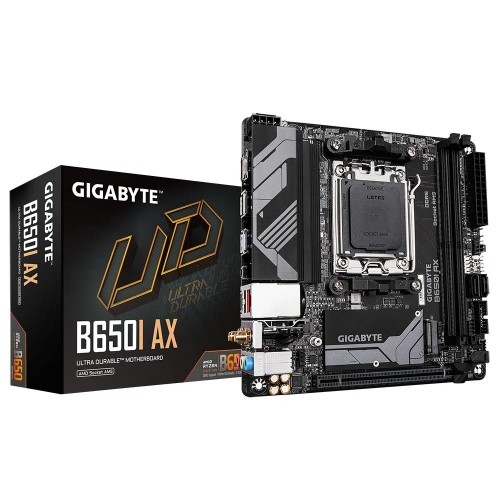 Mainboard|GIGABYTE|AMD B650|SAM5|Mini-ITX|Memory DDR5|Memory slots 2|1xPCI-Express 16x|1xM.2|1xHDMI|1xDisplayPort|3xUSB 2.0|2xUSB 3.2|1xUSB-C|1xRJ45|3xAudio port|B650IAX image 1