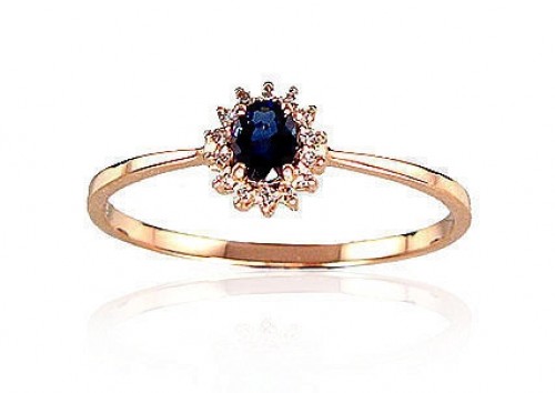 Золотое кольцо #1100100(Au-R+PRh-W)_DI+SA, Красное Золото 585°, родий (покрытие), Бриллианты (0,04Ct), Сапфир (0,221Ct), Размер: 15.5, 0.85 гр. image 1