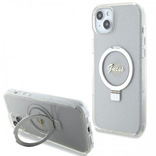 Guess IML Ring Stand Glitter MagSafe Case for iPhone 15 Plus Transparent image 1