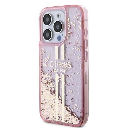 Guess PC|TPU Liquid Glitter Gold Stripe Case for iPhone 15 Pro Pink image 1