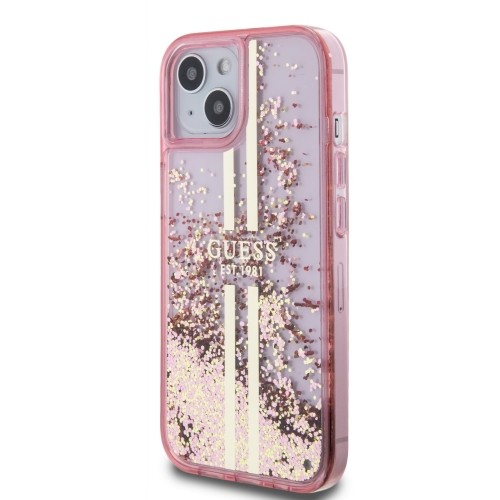 Guess PC|TPU Liquid Glitter Gold Stripe Case for iPhone 15 Pink image 1
