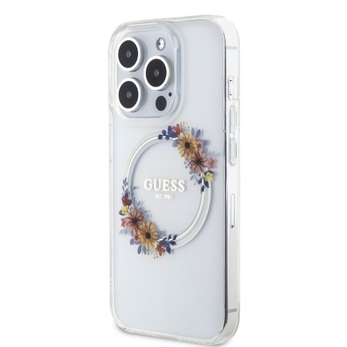 Guess PC|TPU Flowers Ring Glossy Logo MagSafe Case for iPhone 15 Pro Transparent image 1