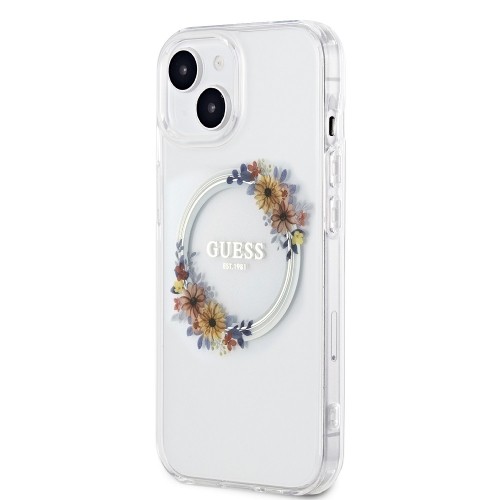 Guess PC|TPU Flowers Ring Glossy Logo MagSafe Case for iPhone 15 Plus Transparent image 1