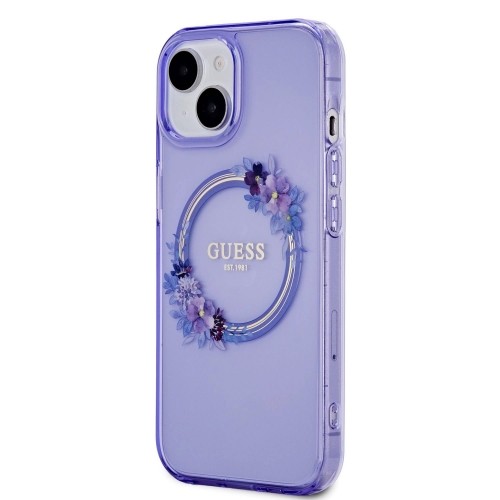 Guess PC|TPU Flowers Ring Glossy Logo MagSafe Case for iPhone 15 Purple image 1