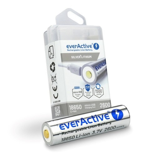 Battery everActive 18650 3.7V Li-ion 2600mAh micro USB with protection BOX image 1