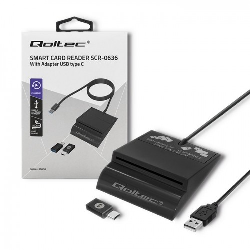 Qoltec 50636 Intelligent Smart ID chip card reader SCR-0636 | USB type C image 1