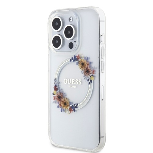 Guess PC|TPU Flowers Ring Glossy Logo MagSafe Case for iPhone 14 Pro Transparent image 1