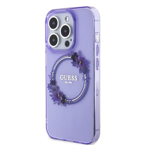 Guess PC|TPU Flowers Ring Glossy Logo MagSafe Case for iPhone 15 Pro Max Purple image 1
