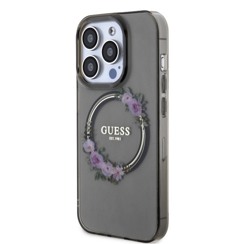 Guess PC|TPU Flowers Ring Glossy Logo MagSafe Case for iPhone 14 Pro Max Black image 1