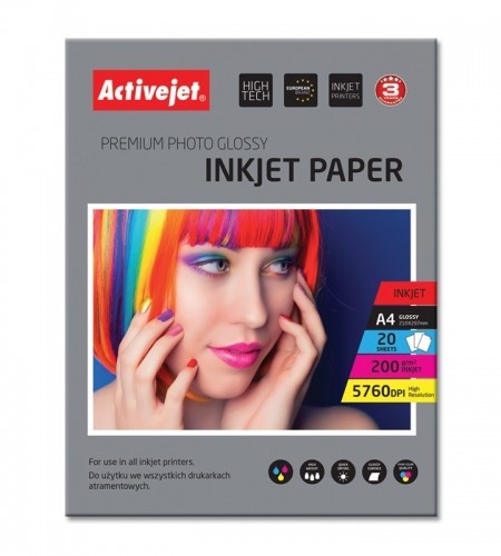 Activejet AP4-200G20 glossy photo paper; for ink printers; A4; 20 pcs image 1
