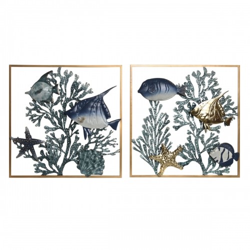 Настенный декор Home ESPRIT Синий Позолоченный Средиземноморье Рыбы 50 x 4 x 50 cm (2 штук) image 1