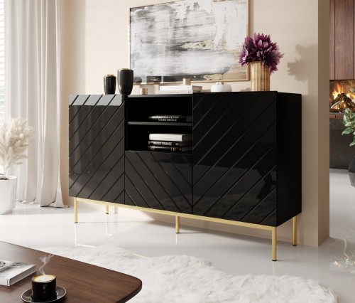Cama Meble ABETO chest of drawers on golden steel frame 150x42x90 black/black gloss image 1