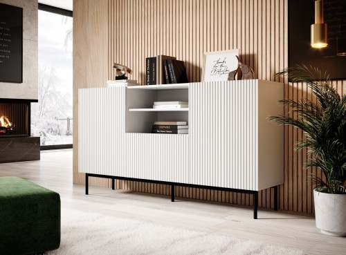 Cama Meble PAFOS chest of drawers on a black steel frame 150x40x90 cm white matt image 1