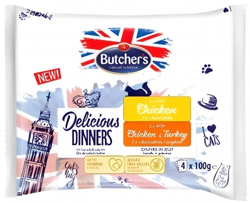 BUTCHER'S Delicious Dinners Chicken, Chicken with turkey - wet cat food - 4 x 100g image 1