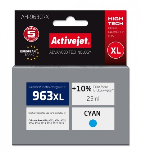 Activejet AH-963CRX Ink (replacement for HP 963XL 3JA27AE; Premium; 1760 pages; 25 ml, cyan) image 1