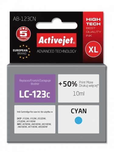 Activejet AB-123CN ink (replacement for Brother LC123C/LC121C; Supreme; 10 ml; cyan) image 1