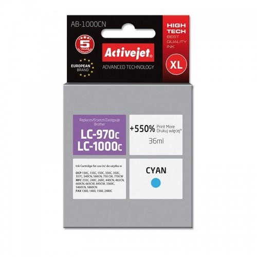 Activejet AB-1000CN Ink cartridge (replacement for Brother LC1000C/970C; Supreme; 36 ml; cyan). Prints 550% more. image 1