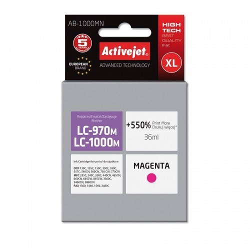Activejet AB-1000MN Ink cartridge (replacement for Brother LC1000M/970M; Supreme; 35 ml; magenta).  Prints 550% more. image 1