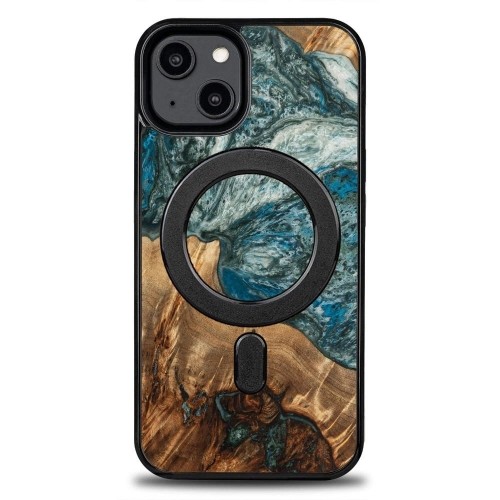 Wood and resin case for iPhone 15 Plus MagSafe Bewood Unique Planet Earth - blue-green image 1