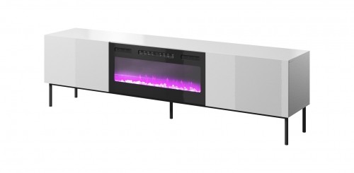 Cama Meble RTV SLIDE 200K cabinet with an electric fireplace on a black frame 200x40x57 cm all in white gloss image 1