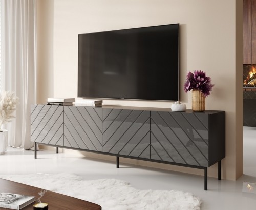 Cama Meble ABETO RTV cabinet on black steel frame 200x42x60 graphite/glossy graphite image 1