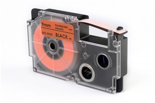 Label Tape JetWorld for use in Casio  Black to Fluorescencyjnym Pomarańczowym 9mm x 5,5m (XR-9FOE, XR9FOE) image 1