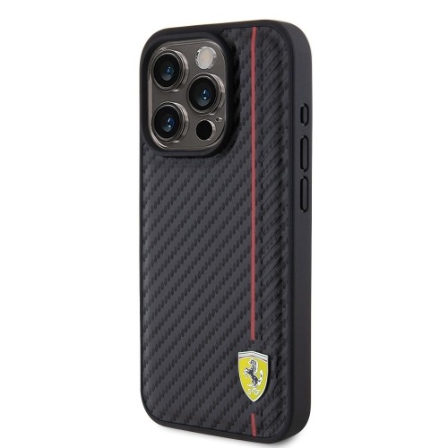 Ferrari PU Leather Carbon Vertical Red Line Case for iPhone 15 Pro Black image 1