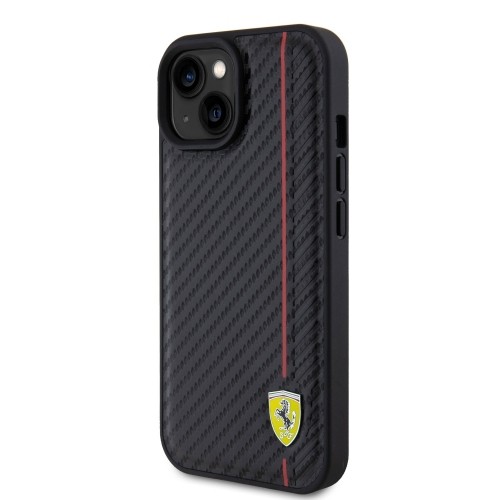 Ferrari PU Leather Carbon Vertical Red Line Case for iPhone 15 Black image 1