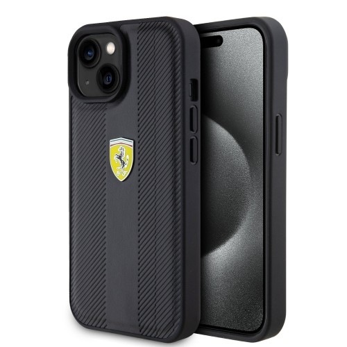 Ferrari PU Leather Hot Stamp Groove Pattern Case for iPhone 15 Black image 1