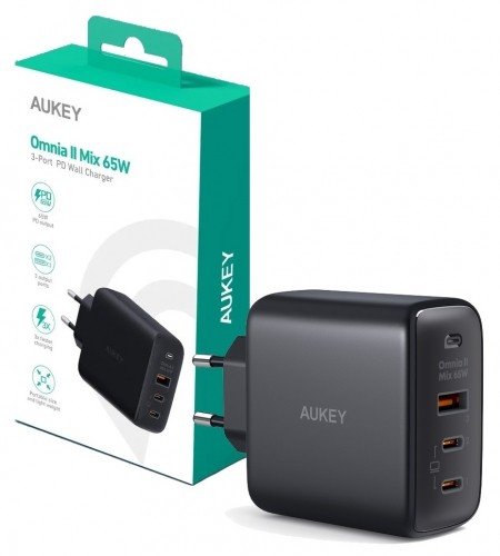 Aukey AUEKY Omnia II Mix PA-B6T Wall charger 1x USB 2x USB-C Power Delivery 3.0 65W Black image 1
