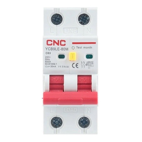 CNC Residual Current Breaker with Over-Current, 2P, 63A, class C, 30mA, 6kA image 1