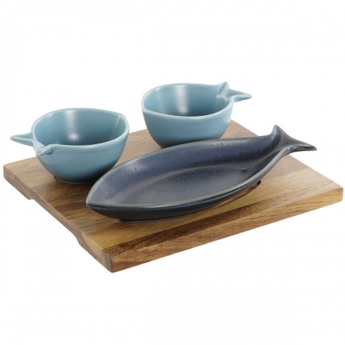 Appetizer Set Home ESPRIT Blue Sky blue Porcelain Acacia Mediterranean Fish 19,5 x 16,5 x 1,3 cm 4 Pieces image 1