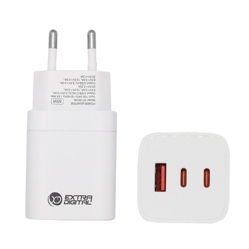 Extradigital Зарядное устройство GaN 2x USB Type-C, USB Type-A: 65 Вт, PPS image 1