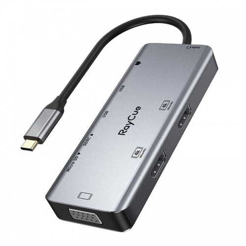 Hub 9in1 RayCue USB-C to 2x USB-A 3.0 5Gbps + 2x SD|TF 3.0 + 2x HDMI 4K30Hz + VGA 1080p + jack 3.5mm + PD 3.0 100W (gray) image 1