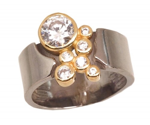 Серебряное кольцо #2101753(PRh-Bk+PAu-Y)_CZ, Серебро 925°, родий (покрытие)/, желтое золото (покрытие), Цирконы, Размер: 18.5, 6.2 гр. image 1