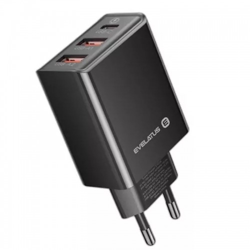 Evelatus ETC06 Премиум 32W Адаптивная 3 Портовая 5V-12V 2x USB / USB-C Сетевая Зарядка Черный image 1