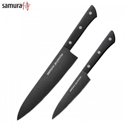 Samura Shadow Коплект их 2 Кухонных ножей 208mm & 120mm AUS-8 анти-липкое темное покрытие 58 HRC image 1