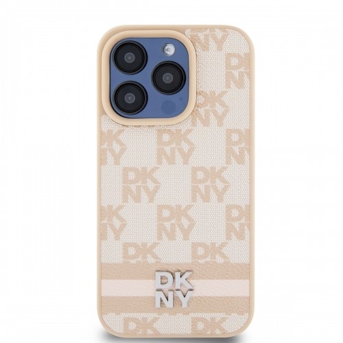 DKNY PU Leather Checkered Pattern and Stripe Case for iPhone 15 Pro Pink image 1