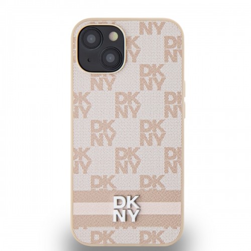 DKNY PU Leather Checkered Pattern and Stripe Case for iPhone 14 Pink image 1