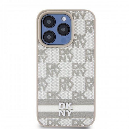 DKNY PU Leather Checkered Pattern and Stripe Case for iPhone 15 Pro Max Beige image 1