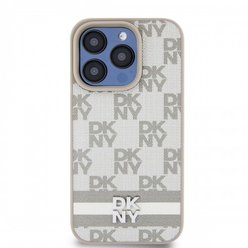 DKNY PU Leather Checkered Pattern and Stripe Case for iPhone 15 Pro Beige image 1