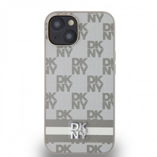 DKNY PU Leather Checkered Pattern and Stripe Case for iPhone 15 Beige image 1