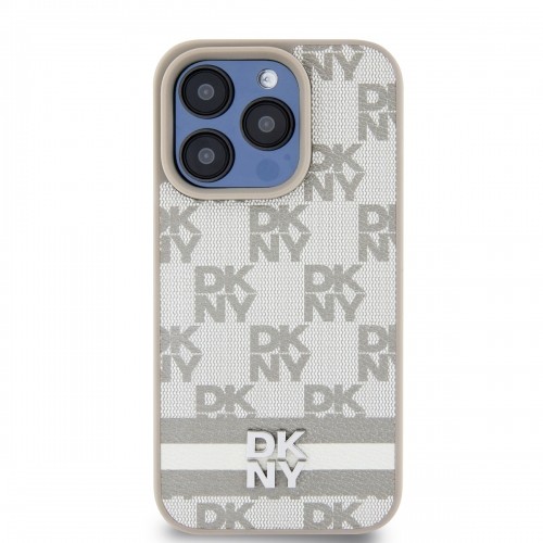 DKNY PU Leather Checkered Pattern and Stripe Case for iPhone 14 Pro Beige image 1